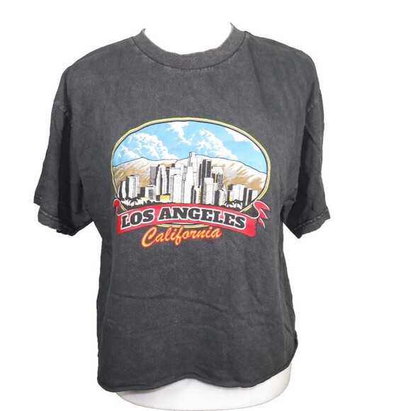 None Tops - Los Angeles California Black Washed Boxy Relaxed Fit Cropped Tee Size M